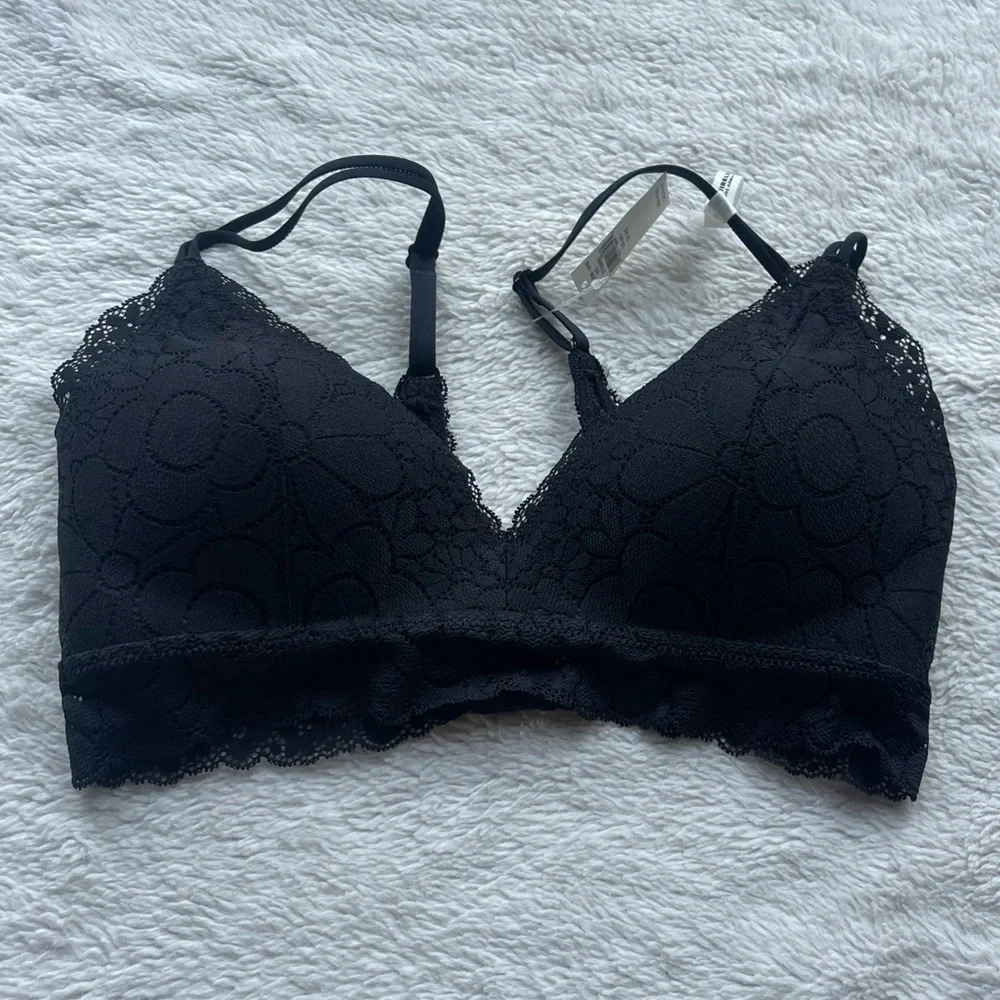 Aerie NWT black wireless floral lace bra